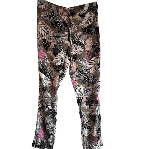 Per Se Tropical Floral Linen Pants Olive Resort Style Drawstring S - Picture 2 of 6